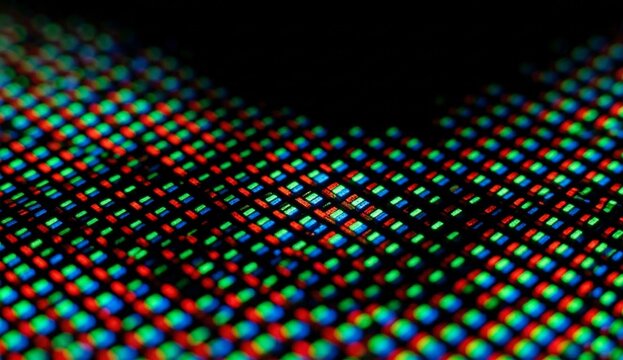 Extreme macro shot of glowing RGB LED screen pixels, display technology background