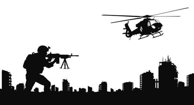 Soldier with Machine Gun and Helicopter Silhouette over City Skyline