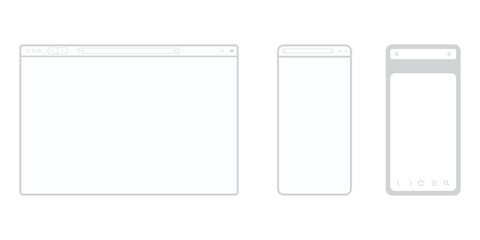 Minimalist vector outline of desktop browser and mobile device mockup interface on white digital screen frames representing web design layouts for computer and smartphone platforms with simple line. © Nurex-Vectors