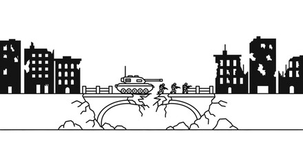 Obraz premium War Torn Cityscape: Tank and Soldiers on Damaged Bridge, Destroyed Buildings