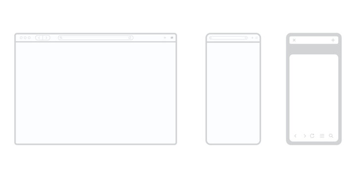 Minimalist vector outline of desktop browser and mobile device mockup interface on white digital screen frames representing web design layouts for computer and smartphone platforms with simple line.