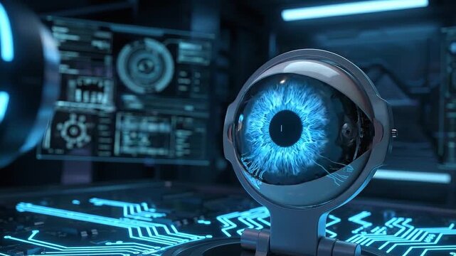 Futuristic eye technology ai scanning cyber security digital interface glow blue laser circuit board cybernetic iris biometric optic focus electronic high tech computer science innovation lab