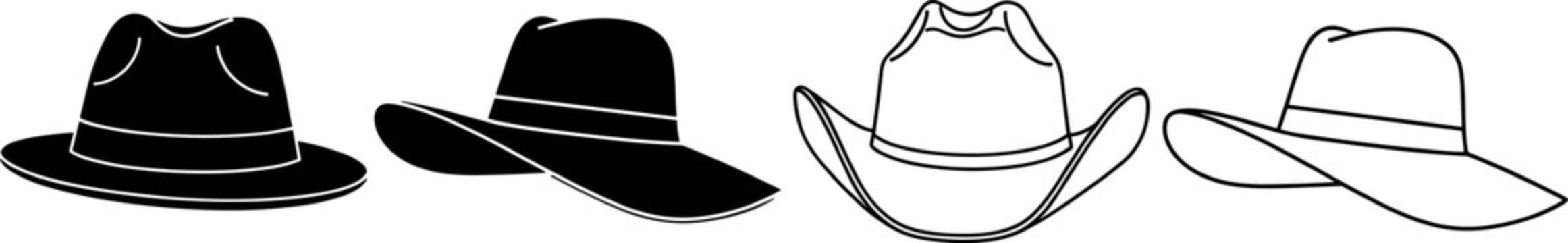 Cowboy hat vector set with western hats silhouettes and outline styles isolated on light background for country fashion design