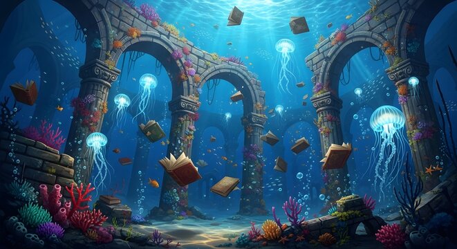 Underwater fantasy scene with ancient arches books and glowing jellyfish