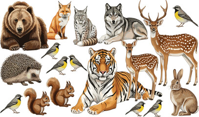 Fototapeta premium Collection of forest wildlife animals including bear, wolf, tiger, deer, fox, lynx, birds, squirrel and hedgehog isolated on light background nature illustration set