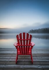 Fototapeta premium Red chair on wooden dock overlooking calm lake during sunrise. Serene morning landscape with mist over water. Concept of relaxation, solitude, travel and peaceful wilderness vacation.