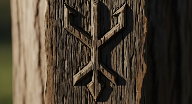 An ancient inverted Algiz rune symbol deeply carved into a textured wooden surface with natural lighting