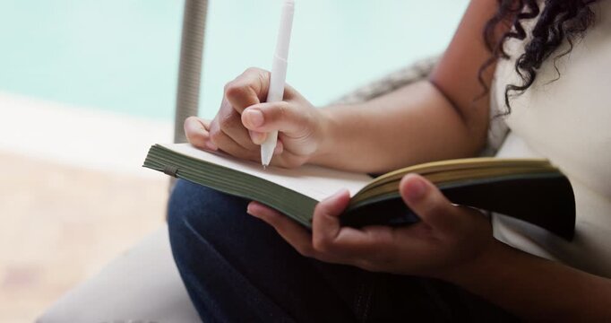 Writing, notebook and hands of woman outdoor with agenda, feelings or emotions in journal. Mental health, relax and female person with diary with to do list, personal growth or self care at home.