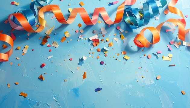 A festive scene with colorful streamers and confetti on blue background