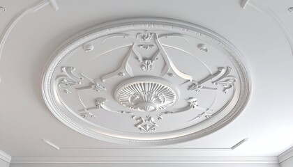 Ornate, white ceiling medallion with detailed relief and elegant, symmetrical design