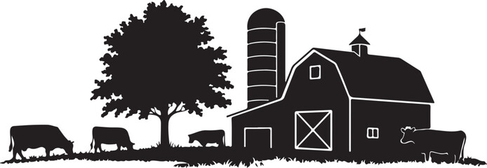 Obraz premium Black and white farm scene with barn silo tree and grazing cows
