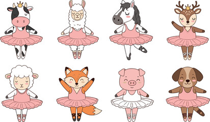 Cute ballerina animals set with cow llama horse deer sheep fox pig and dog cartoon ballet dancers vector illustration © Jesika!