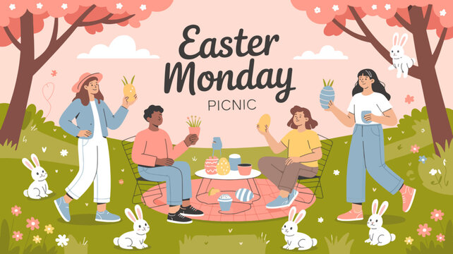 Friends enjoy easter monday picnic with bunnies under blooming cherry blossom trees in sunny park