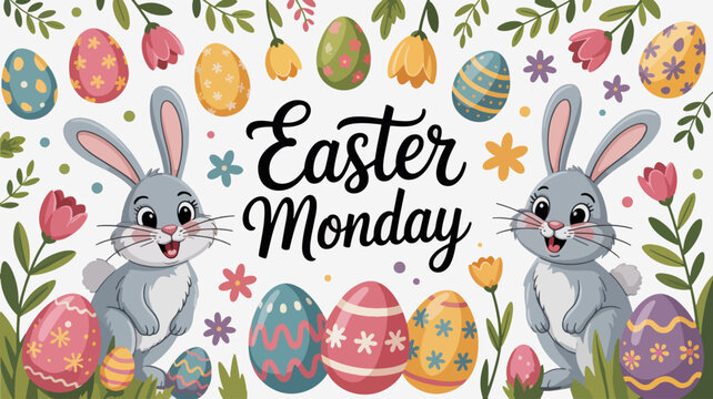 Two cheerful easter bunnies surrounded by colorful eggs and flowers on easter monday