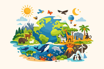 Vibrant flat vector illustration of planet Earth featuring diverse global ecosystems and wildlife such as elephants, whales, giraffes, and penguins, representing environmental conservation.