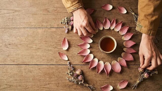 Floral petal circle herbal tea dried flower wooden table male hand creative arrangement rustic style relaxation meditation wellness calmness flat lay pattern petals surround cup of tea rustic wooden