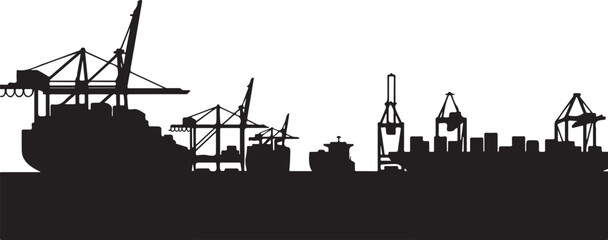 Fototapeta premium Black silhouette cargo ship cranes containers port