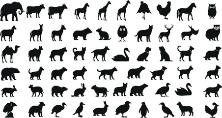 Diverse black silhouettes of animals arranged in a grid pattern © Mst