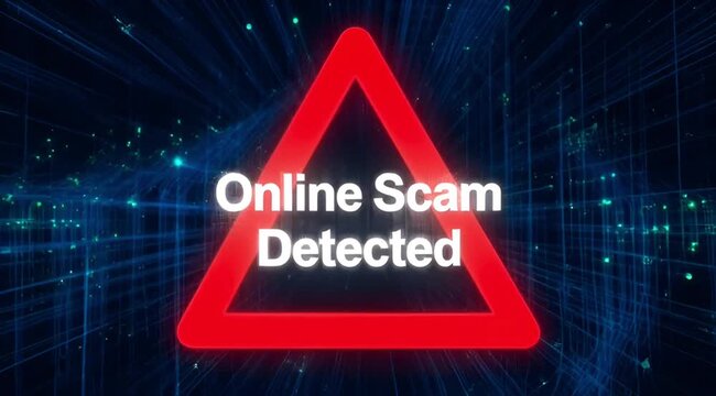 Red Triangular Warning Sign with Online Scam Detected Text on Digital Background