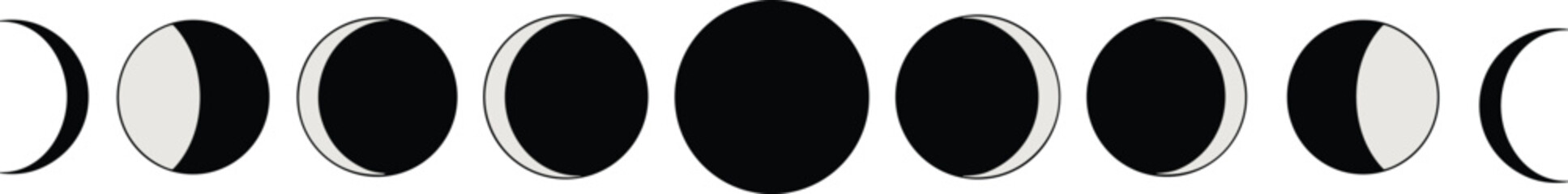 moon phases sequence, lunar cycle illustration, minimalist black white astronomy background, waxing waning crescent gibbous full moon alignment night sky © PROTAP
