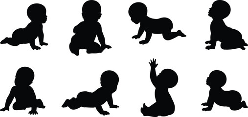 baby silhouette collection, crawling sitting infant poses set, newborn child activity stages black shadow illustration isolated white background