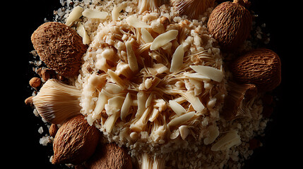 Creamy risotto ai funghi porcini, rich and velvety, garnished with freshly shaved porcini mushrooms and whole almonds