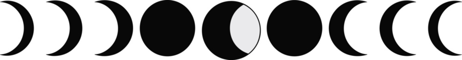 moon phases silhouette sequence, lunar cycle crescent to full moon alignment, astronomy celestial illustration black isolated background © PROTAP