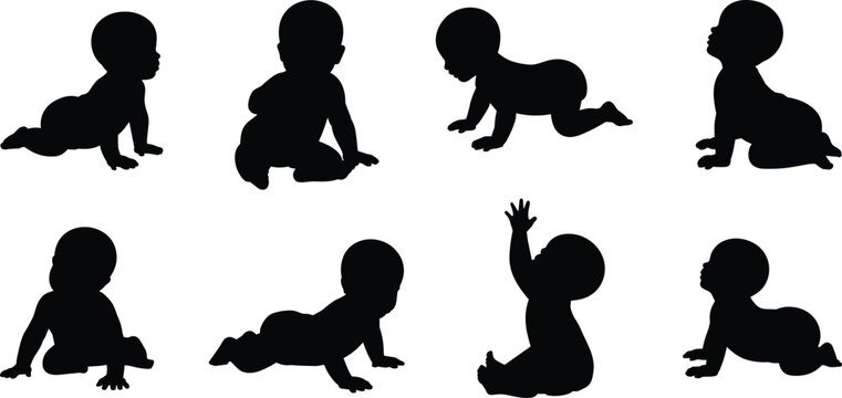baby silhouette collection, crawling sitting infant poses set, newborn child activity stages black shadow illustration isolated white background