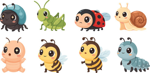 Cute Cartoon Garden Bugs Characters Collection with Ladybug, Bee, Snail, Grasshopper, Caterpillar and Baby Insect Mascots Colorful Kawaii Vector Illustration Set © Sumon Creative