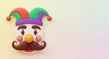 Obraz premium April Fools Day Jester Face with Hat, Nose, and Mustache 3D Rendering