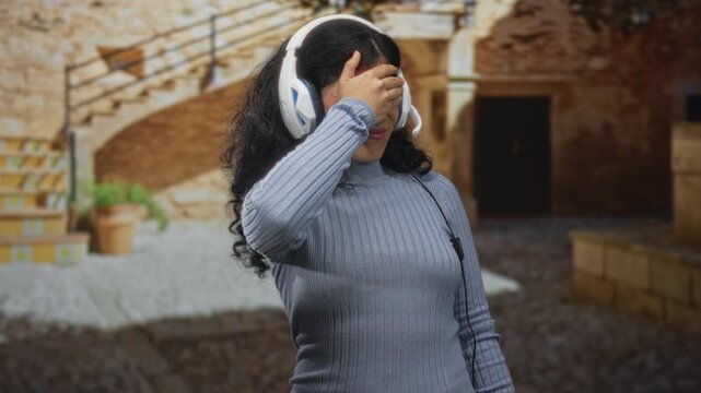 Young arab woman wearing white headset covers her eyes with one hand while standing on an old town street near stone steps and potted plant; embarrassment.