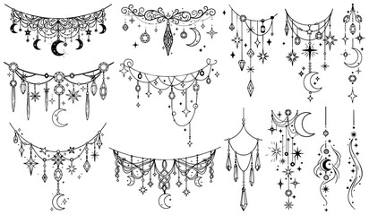 幻想的な月と星の宝飾ガーランド素材セット 装飾的なラインアート,宝石と天体,魔法アイテム,白背景,モノクロ © DROP DESIGN STUDIO