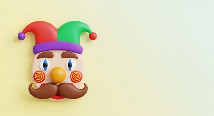 April Fools Day Jester Hat Decoration with Mustache and Nose, Copy Space Background