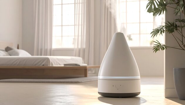 A modern, white essential oil diffuser releases steam in a softly lit bedroom scene