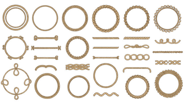 Comprehensive collection of various nautical rope frames borders and dividers in a vintage hand drawn style on white background.