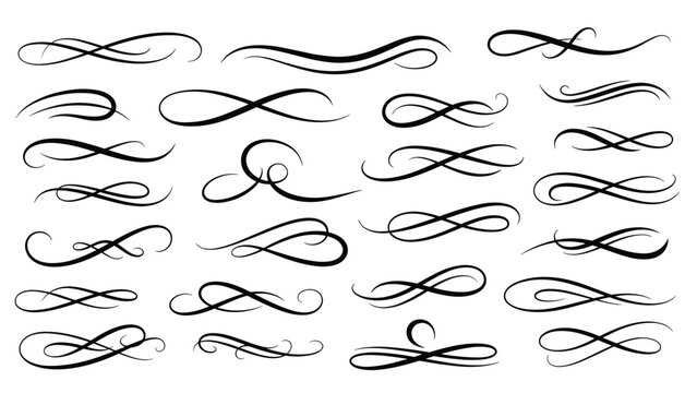 Large collection of decorative calligraphy flourishes and elegant swirl dividers for wedding invitations and vintage page design.