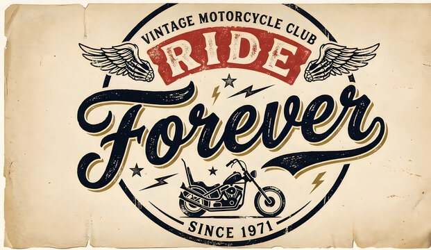 A vintage motorcycle club logo with a distressed design featuring wings, a motorcycle, and the words 'Ride Forever' on a beige background.