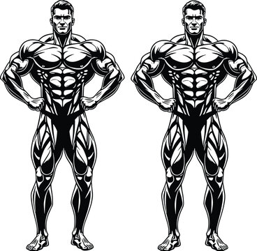 Two bodybuilders showcasing muscular physique and symmetry in competition poses