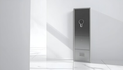 Sleek, minimalist security system panel mounted on a white wall, indoors, with keyhole