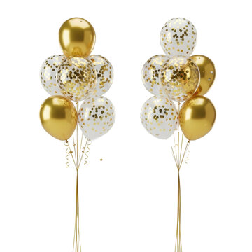 Perfectly symmetrical bundles of metallic gold, clear, and white confetti balloons with long golden strings against a pristine transparent background, luxurious celebration atmosphere