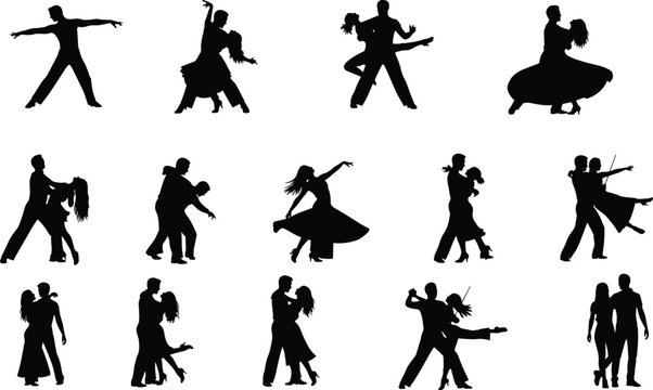 Elegant silhouettes of ballroom dance moves in various styles and poses
