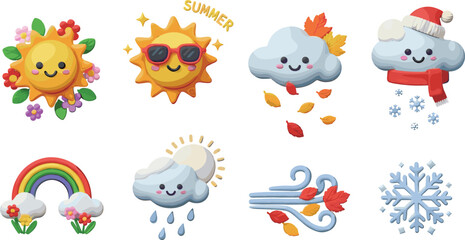 Obraz premium Cute Seasonal Weather Cartoon Icons Collection with Sun, Rainbow, Rain Cloud, Snowflake, Autumn Leaves, Winter Cloud and Wind Kawaii Vector Illustration Set