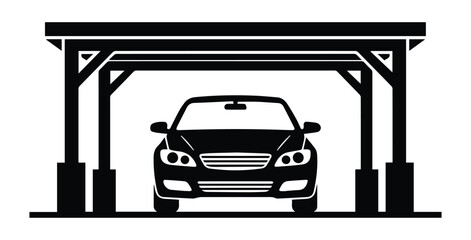 A front view car parked under a carport structure providing shelter Icon Silhouette vector black design on a white background