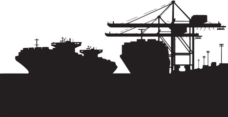 Fototapeta premium Black silhouette of cargo ship and crane at dock