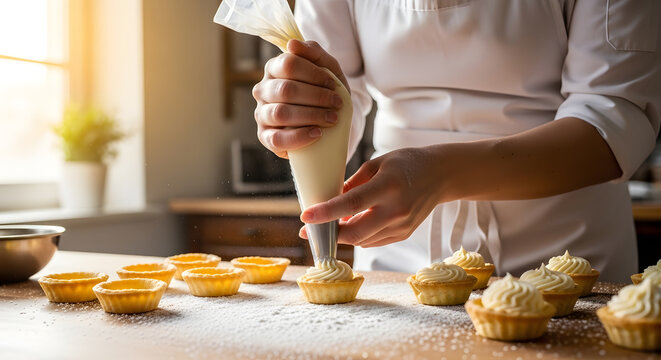 A professional baker using a piping bag to decorate mini tart crusts with white cream swirls on a wooden surface dusted with flour