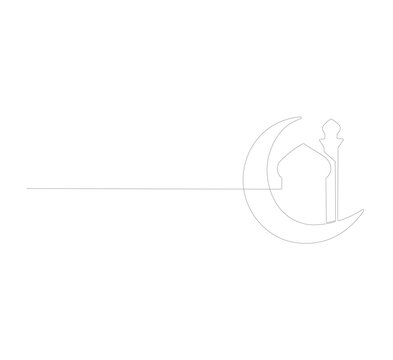 Ilustrasi Bulan Sabit dan Masjid dengan Gambar Garis Tunggal Berkesinambungan, Seni Garis Islami Minimalis untuk Kartu Ucapan Ramadan Kareem, Desain Eid Mubarak, Seni Doodle Vektor Religius