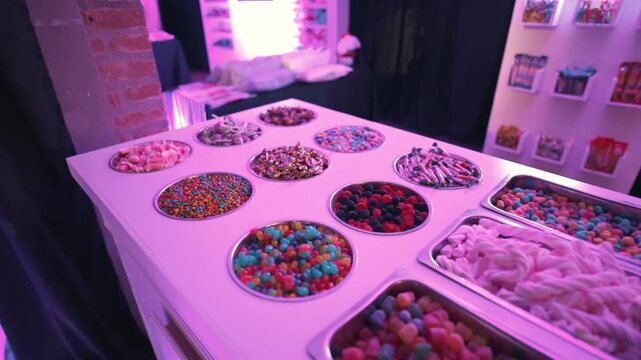 Candy bar table filled with colorful sweets, candies and toppings prepared for celebration event with event led illumination, orbit and reveal shot