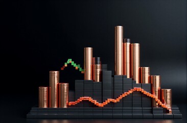 Fototapeta premium Copper bars and green lines graphically represent financial growth