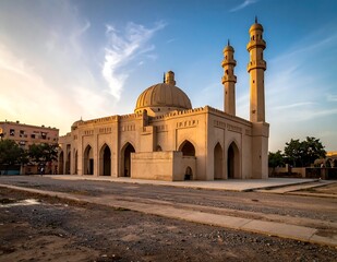 Fototapeta premium A large beige mosque with a dome and two minarets