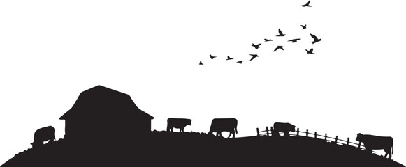Black silhouette of cows and barn on hill with fence and flying birds